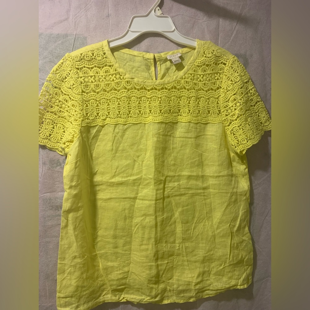J CREW WOMEN YELLOW LACE ROUND Neck Short Sleeve Size 10